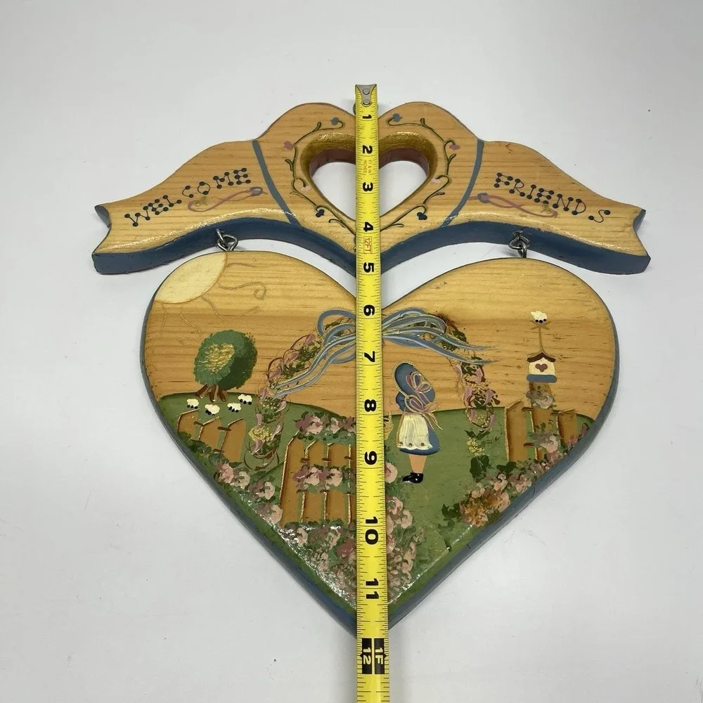 Vintage Heart Shaped Wood Folk Art Welcome Sign Handmade Country Cottage Grandma